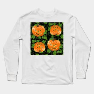 Jack-o-lantern Pumpkin Patch on Black Long Sleeve T-Shirt